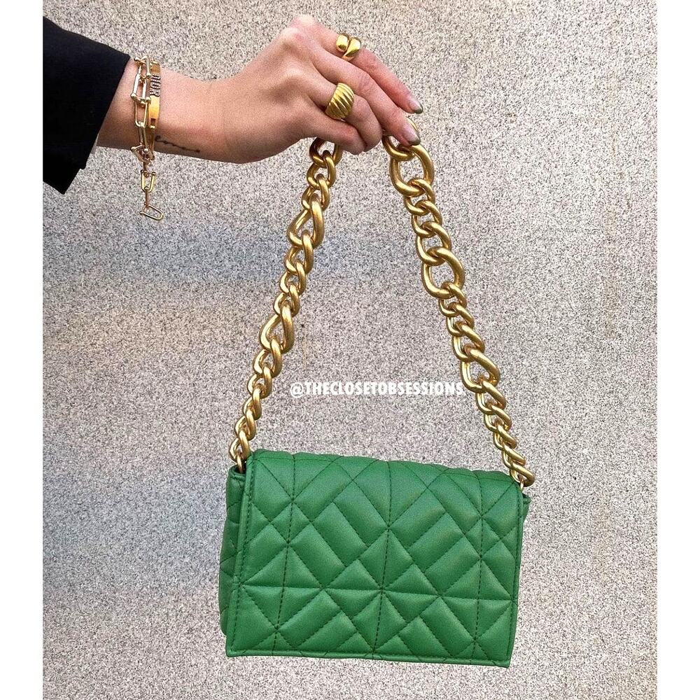 ZARA Green Quilted Chain Shoulder Bag NWT Gold Chain Purse OS - Picture 4 of 16
